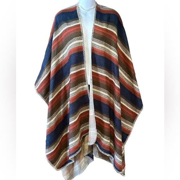 Modena Women’s One Size Blue and Rust Serape Stripe Blanket Shawl - Picture 1 of 3